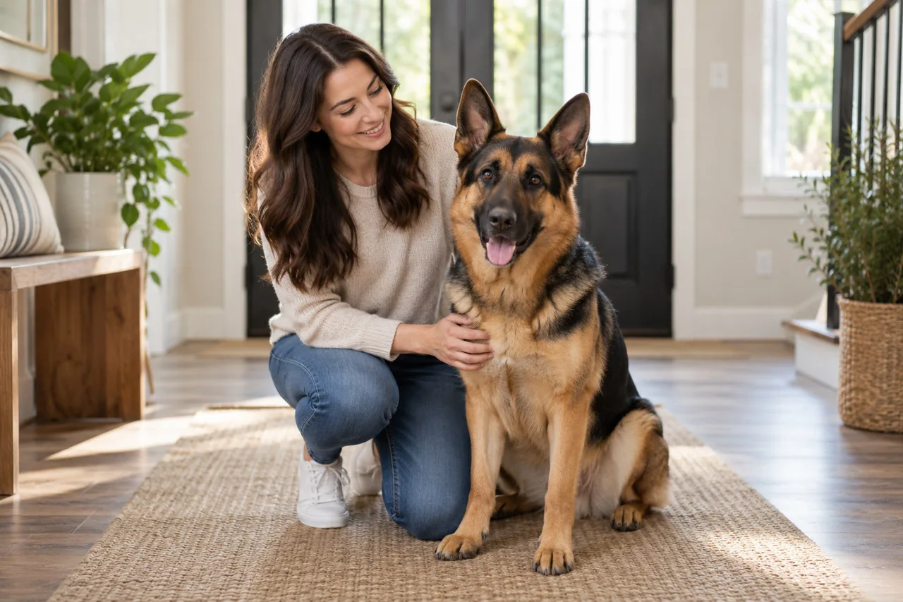 Owner kneeling beside an alert black-and-tan dog indoors